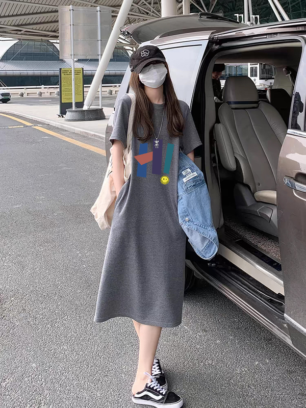 Pure Cotton Shoulder Strap Pocket Short-Sleeve Dress for Women, Summer Plus Size Loose Casual Mid-Length Over-The-Knee T-Shirt Dress Pure Cotton Shoulder Strap Pocket Short-Sleeve Dress for Women, Summer Plus Size Loose Casual Mid-Length Over-The-Knee T-Shirt Dress