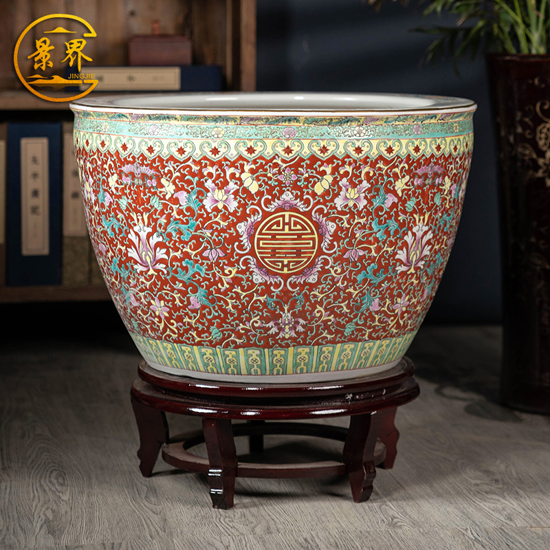 Jingdezhen Hand-Painted Pastel Fish Tank Ceramic Large Water Lily Lotus Pot Living Room Painting Tank Antique-Style Feng Shui Tank Ornament