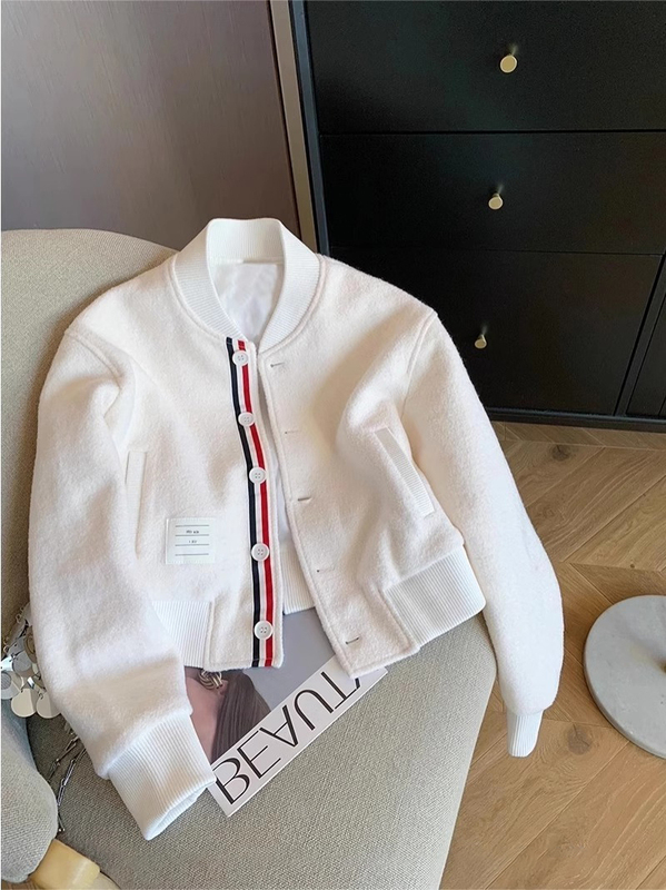 White Baseball Jacket, Short Stand-Up Collar, Unisex, Spring and Autumn, Stylish Design, Petite Casual Cardigan Top