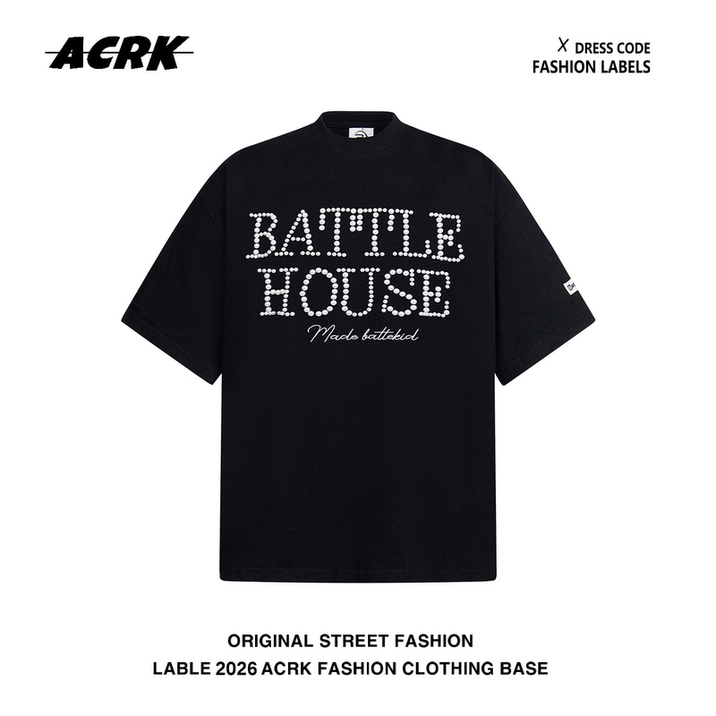 Acrk American Retro Beaded Letter Short-Sleeve T-Shirt for Men and Women, Summer Couple's National Trend Brand High Street Tee
