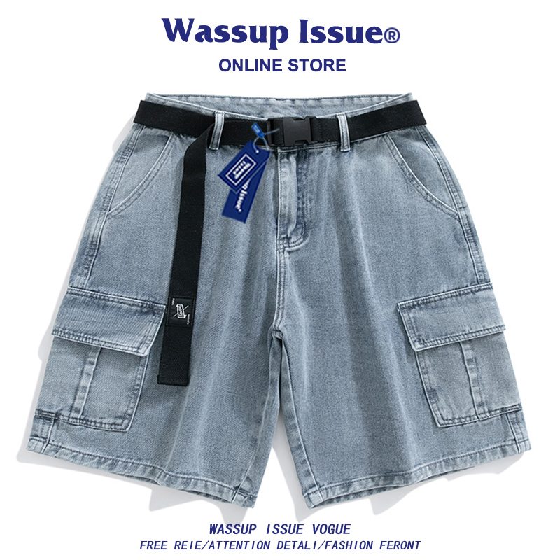 Wassup Issue Summer Trendy Brand Thin Denim Shorts Men's Loose Casual Ripped Workwear Five-Point Shorts Men