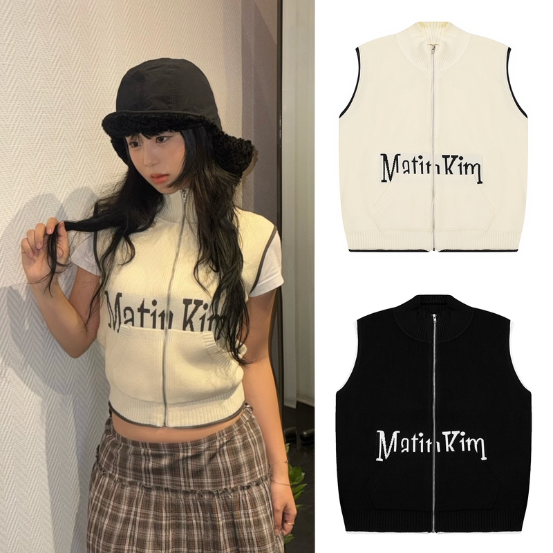 Matin Kim Vest for Women, Ning Yizhuo Style, Letter Jacquard Zipper Sleeveless Casual Lapel Knitted Vest Matin Kim Vest for Women, Ning Yizhuo Style, Letter Jacquard Zipper Sleeveless Casual Lapel Knitted Vest