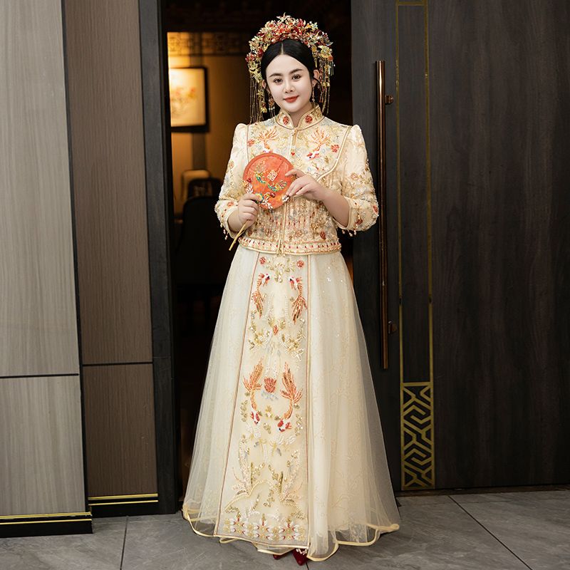 Plus-Size Xiuhe Wedding Dress for Chubby Brides 100kg Chinese-Style Bridal Gown Champagne Color High-End Wedding Attire Slimming Effect Plus-Size Xiuhe Wedding Dress for Chubby Brides 100kg Chinese-Style Bridal Gown Champagne Color High-End Wedding Attire Slimming Effect