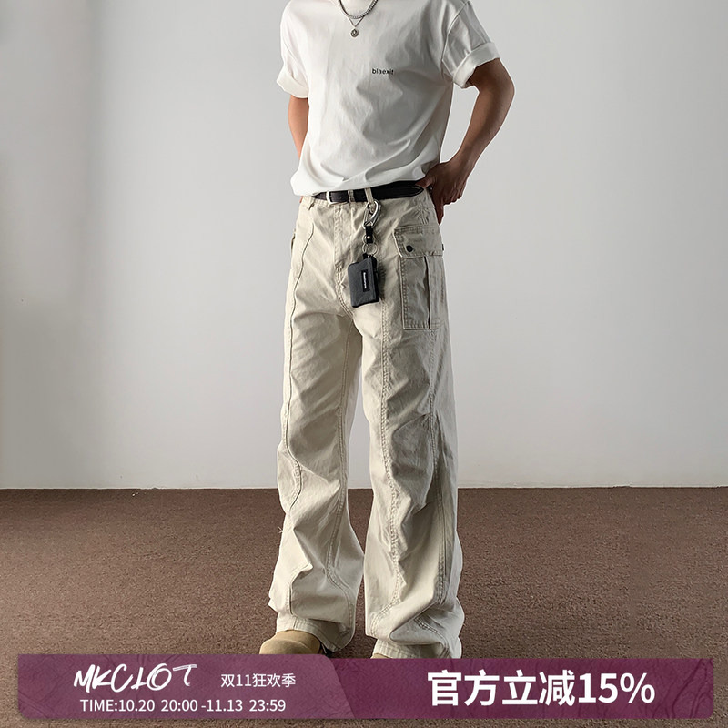 Mkclot American Retro Apricot-Colored Cleanfit Cargo Pants for Men, Straight-Leg, Multi-Pocket, Slimming, Slightly Flared Casual Pants