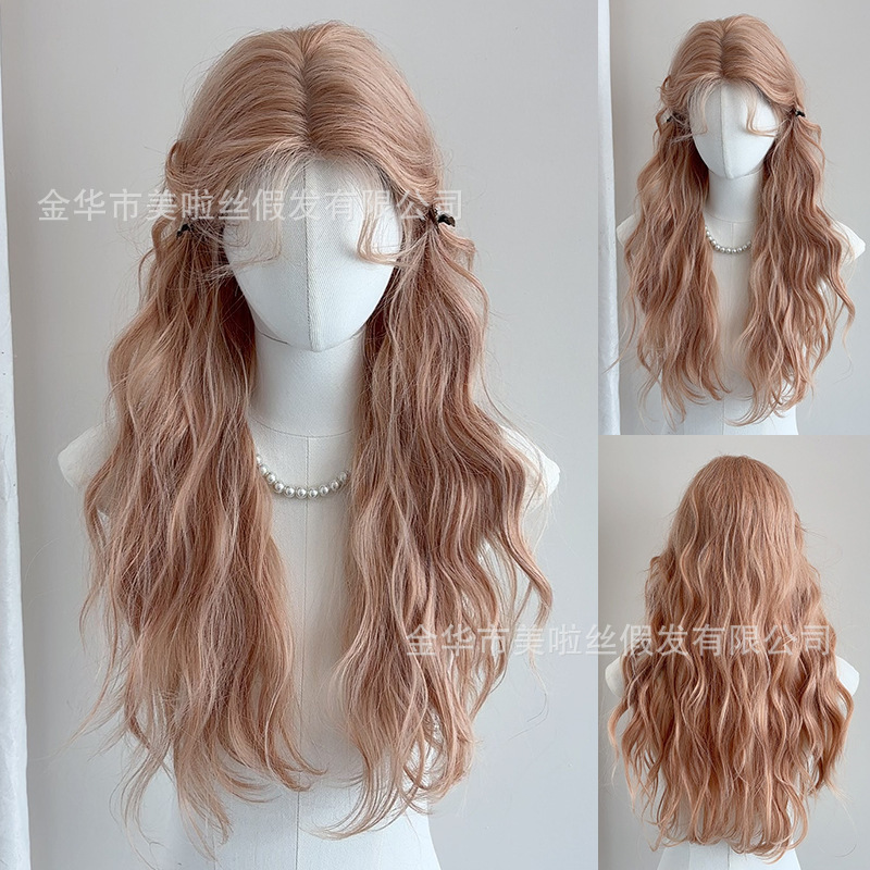 Beautiful Synthetic Wig with Hand-Crocheted Lace Front, Long Curly Hair with a Middle Part, Fashionable Pink and Gold Lolita Style, Face-Slimming Effect, Internet Celebrity Full Wig Beautiful Synthetic Wig with Hand-Crocheted Lace Front, Long Curly Hair with a Middle Part, Fashionable Pink and Gold Lolita Style, Face-Slimming Effect, Internet Celebrity Full Wig