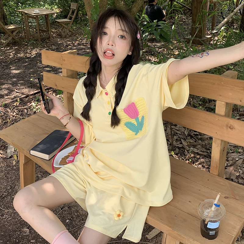 Cute Girl Sports Suit for Women, Summer Short-Sleeved Shorts, Student Korean Style Loose Slimming Casual Two-Piece Set for Age Reduction