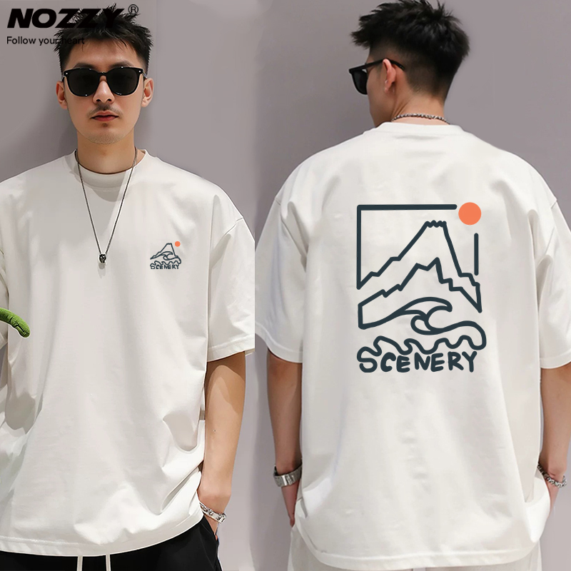 [Sunrise on Golden Mountain] 100% Cotton White T-Shirt for Men, Short-Sleeved, Summer 2026 New Style, Loose Trendy Printed Half-Sleeve