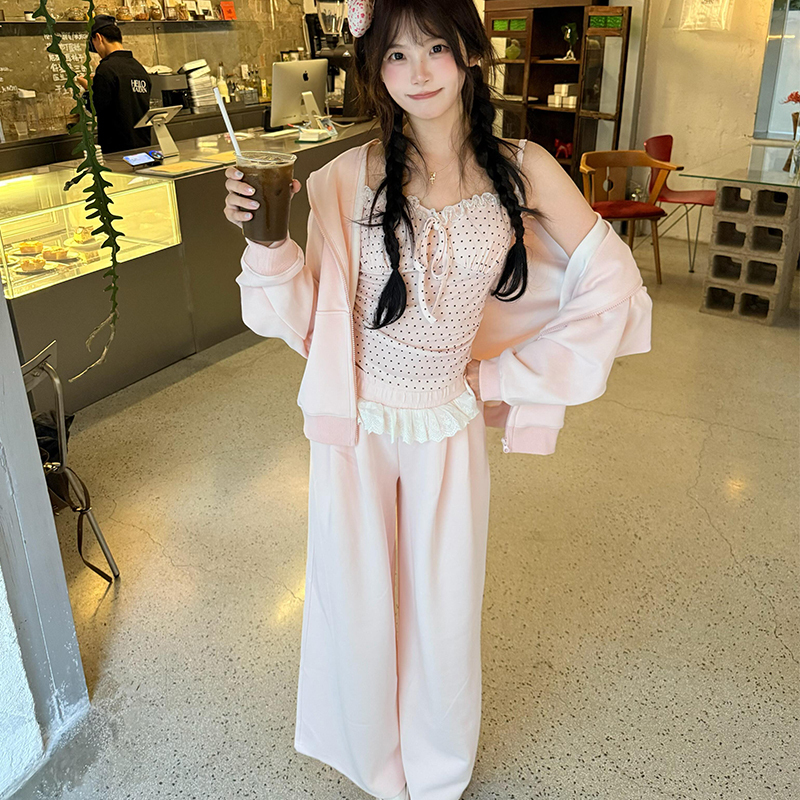 Autumn Casual Sweet College Style Pink Sweatshirt Set for Women, Cardigan Jacket, Suspenders, Wide-Leg Pants, a Complete Set of Autumn Outfits