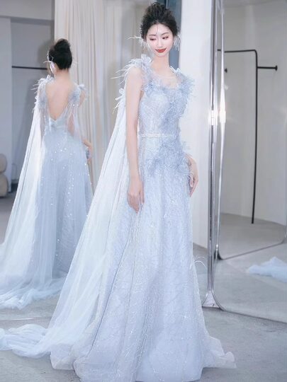 Blue Evening Dress Banquet Coming-Of-Age Ceremony Girl High School Student Stunning High-End Princess Dress Host 2025 New Style