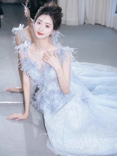 Blue Evening Dress Banquet Coming-Of-Age Ceremony Girl High School Student Stunning High-End Princess Dress Host 2025 New Style