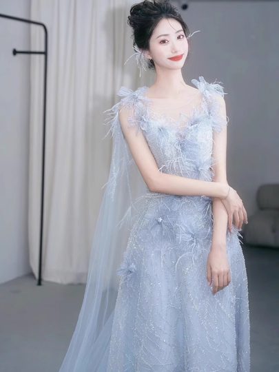 Blue Evening Dress Banquet Coming-Of-Age Ceremony Girl High School Student Stunning High-End Princess Dress Host 2025 New Style