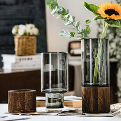 Scandinavian ins Style Glass Vase Ornaments with Creative Solid Wood Base for Water-Raised Roses, Fresh Flowers, Dining Table, Living Room Flower Arrangement