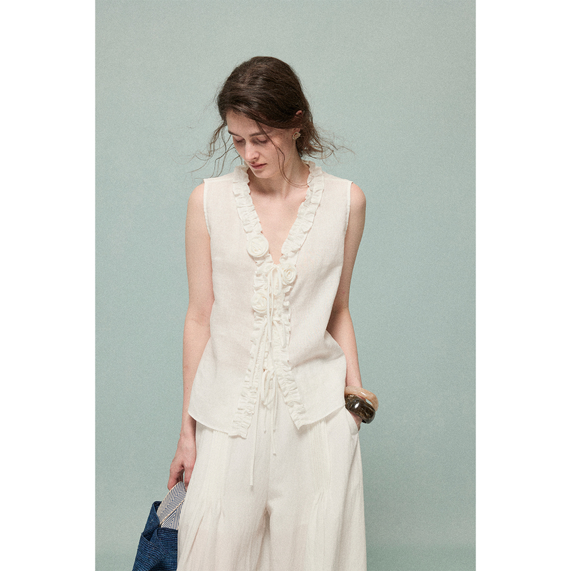 Moofeel Linen Unique and Beautiful Sleeveless Shirt Summer Design with Three-Dimensional Lace-Up Commuter Top