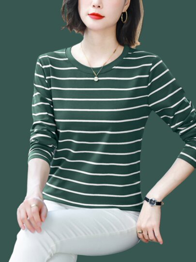 春秋装遮肚子纯棉上衣长袖t恤女宽松大码条纹秋衣薄款内搭打底衫