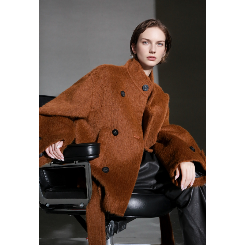 Jianchuang High-End Peruvian Suli Alpaca Wool Stand Collar Asymmetrical Coat for Women with Belt Design Short Fur Jacket for Winter