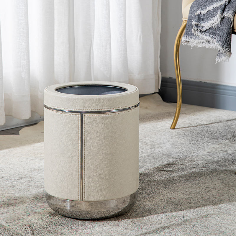 Stainless Steel Leather Household Trash Can for Living Room, Office, Model Room, Hotel Decoration, Cylindrical, High Aesthetic Value, Light Luxury