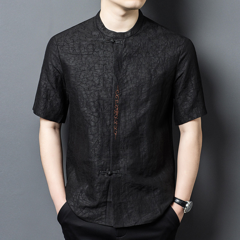 Crackle-Patterned Xiangyun Silk Chinese-Style Men's Clothing 100% Mulberry Silk Short-Sleeve Shirt Summer High-End Round-Neck Men's Top