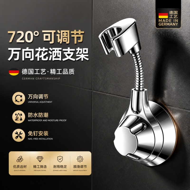German Shower Bracket, No-Drill Shower Head Holder, Adjustable Bathroom Shower Accessories, Wall-Mounted Base, Magic Tool
