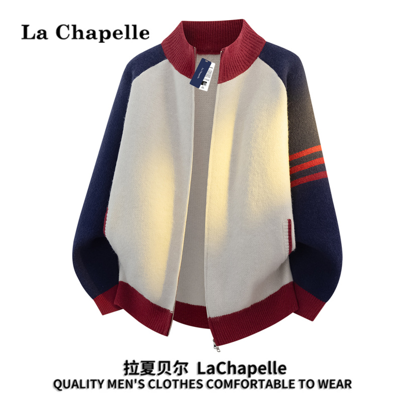 La Chapelle Dopamine Striped Color-Block Stand Collar Sweater for Men, Autumn Loose Double Zipper Knitwear Casual Jacket La Chapelle Dopamine Striped Color-Block Stand Collar Sweater for Men, Autumn Loose Double Zipper Knitwear Casual Jacket