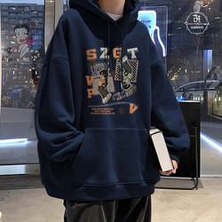 American High Street Navy Blue Hooded Sweatshirt for Men 2025 Autumn and Winter Fleece-Lined Thickened Loose Heavyweight Spring and Autumn Trendy Brand Hoodie