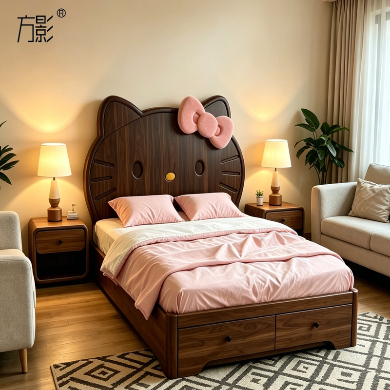 Square Shadow Black Walnut Cartoon Kt Cat Head Solid Wood Bed Modern Simple Double Bed Master Bedroom Large Backrest Storage Bed