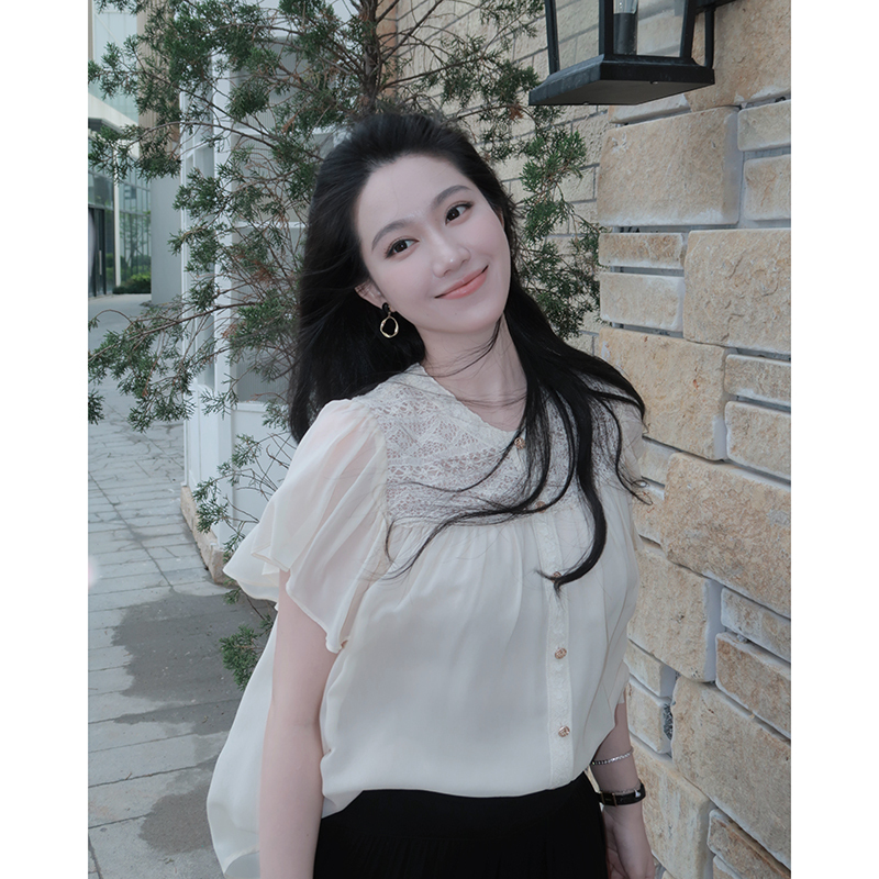 Big Li Plus100 Mulberry Silk Small Flutter Sleeve Shirt for Women, Summer Lace Splicing Design, French-Style Blouse Top Big Li Plus100 Mulberry Silk Small Flutter Sleeve Shirt for Women, Summer Lace Splicing Design, French-Style Blouse Top