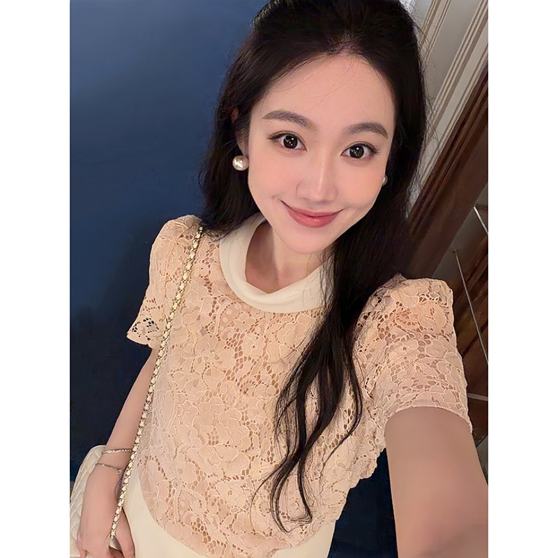 Big Lee Plus Ruffled Collar Pink Lace Crochet Blouse for Women, Summer Design with Straps, Gentle and Slimming Top