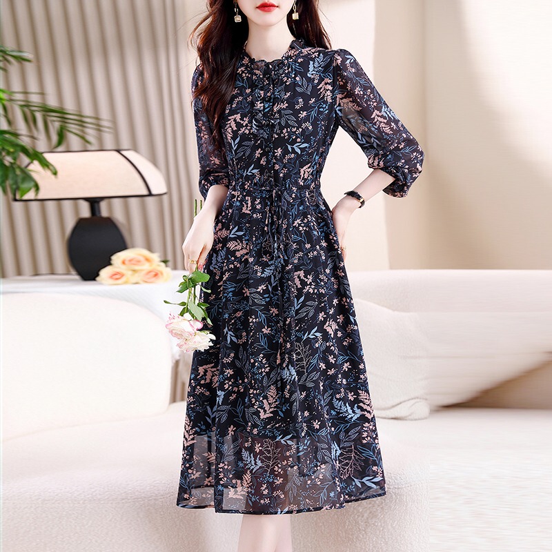 Mid-Length Floral Chiffon Dress for Women 2026 Spring and Autumn New Fashion Mother's Age-Reducing Beautiful Long-Sleeved Long Dress