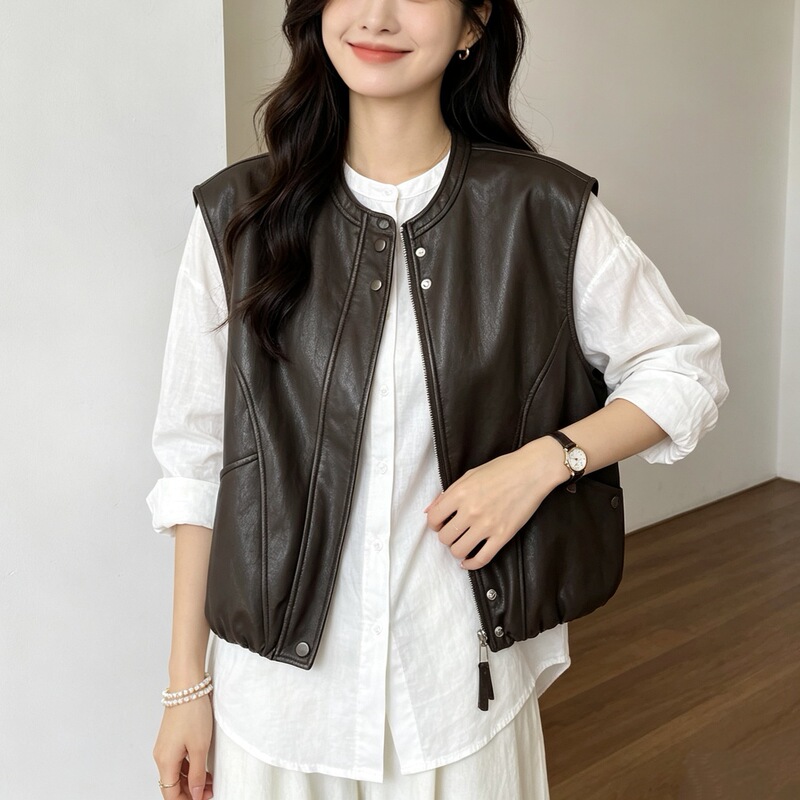 Autumn Vintage Plant Protein Leather Vest Jacket, Solid Color Sleeveless Leather Vest, Short Style 567 Autumn Vintage Plant Protein Leather Vest Jacket, Solid Color Sleeveless Leather Vest, Short Style 567