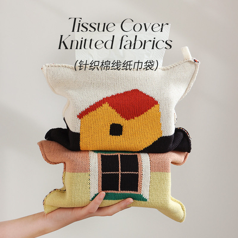 Fabric cotton knitting jacquard personalized paper towel bag light luxury style home office desk paper towel bag removable and washable