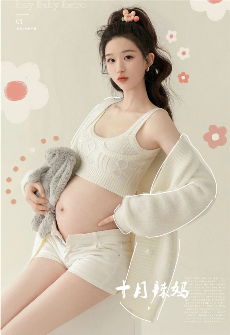 Pregnant woman photo clothing to write true fashion white harness knit meritocratic fresh art photos of big belly mommy pregnant woman photo-Taobao