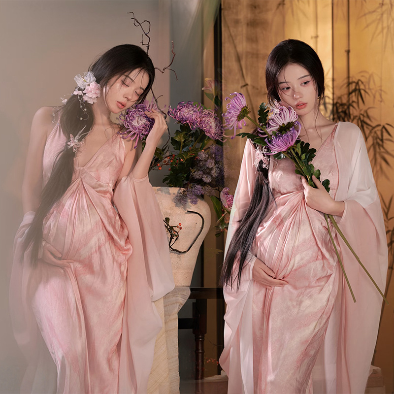 Maternity Photography Clothing Studio New Style Pregnant Mom New Chinese Style Zen-Inspired Gradient Slip Dress Maternity Photo Outfit