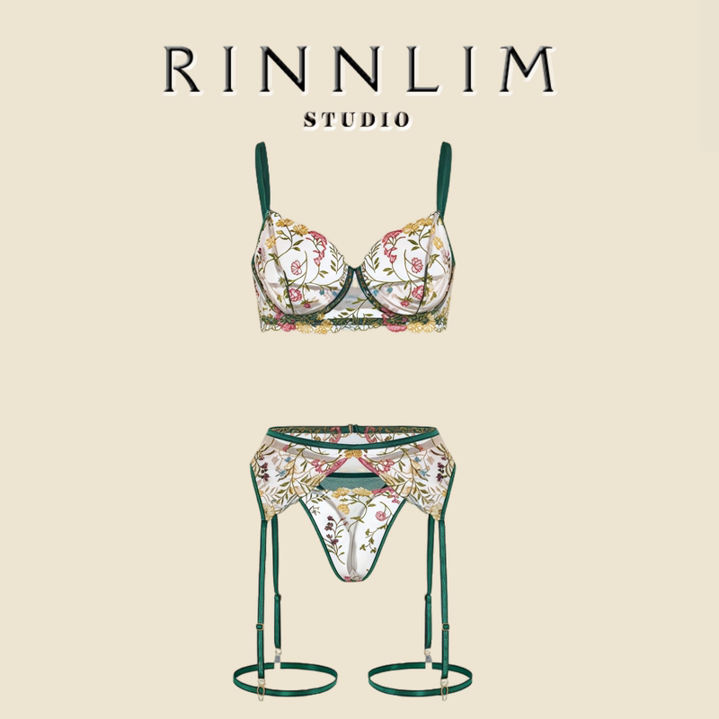 French Rinnlim French-Style Sexy Lingerie Romantic Floral Bra Garter Belt Thong with Leg Rings Three-Piece Set French Rinnlim French-Style Sexy Lingerie Romantic Floral Bra Garter Belt Thong with Leg Rings Three-Piece Set