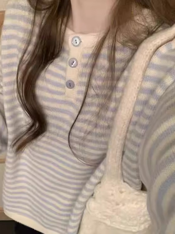 韩系慵懒松弛感灰色polo领条纹毛衣女2025早秋新款学院风针织上衣