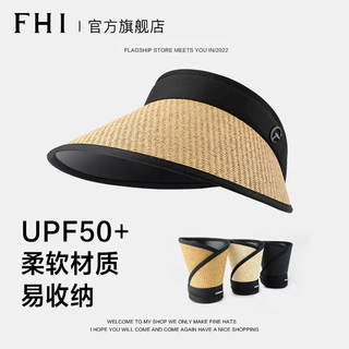 Fhi Sun Protection Hat for Women, Summer Sun Hat, Uv Protection, Large Brim, Black Coating, Foldable, Face-Covering, Open-Top Headband Straw Hat