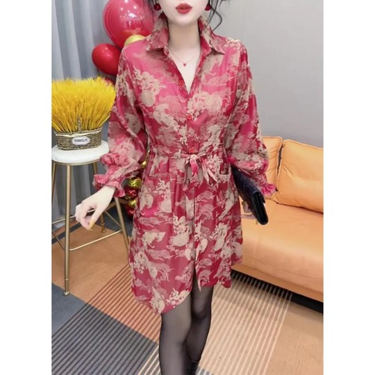 Large size red fashion shirt dress for women 2024 spring new fashionable waist slimming spliced ​​printed dress