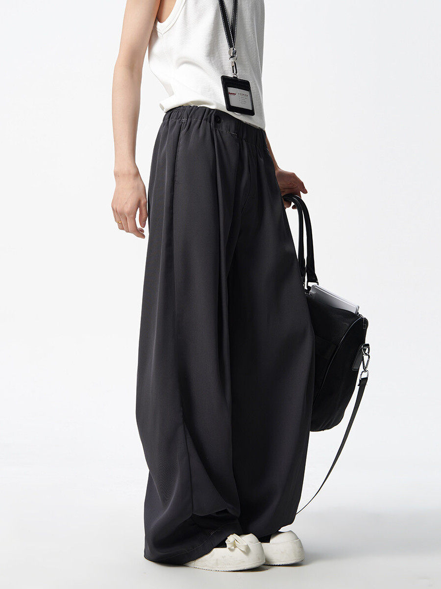 Wmnm American-Style Gray Pleated Dress Pants for Men, Thin, High-End, Cool and Stylish, Drapey, Cleanfit, Scimitar Wide-Leg Pants for Summer