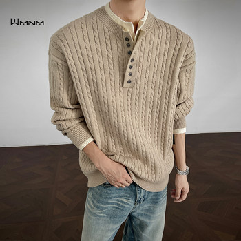 Khaki Fake Two-Piece Henry Collar Sweater for Men, Autumn 2025 New Style, Lazy and High-End Casual Cable Knit Sweater