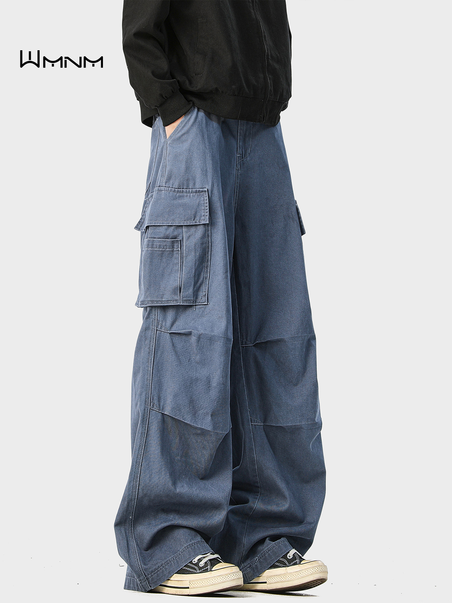 American-Style Workwear Blue Cargo Pants for Men, Trendy Brand, High-End Feel, Multi-Pocket, Pure Cotton, Pleated, Straight-Leg, Wide-Leg Pants for Autumn