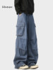American-Style Workwear Blue Cargo Pants for Men, Trendy Brand, High-End Feel, Multi-Pocket, Pure Cotton, Pleated, Straight-Leg, Wide-Leg Pants for Autumn