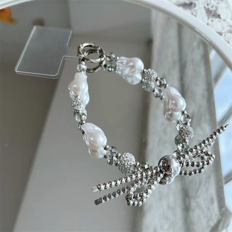 New pearl halo bow phone charm, sweet and trendy two-tone bursting bead phone chain, premium key pouch.