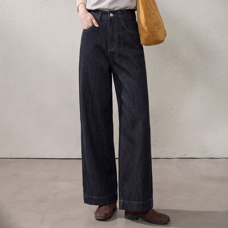 Studio Eleven Simple and High-End High-Waisted Straight-Leg Jeans for Women, Four-Way Stretch Denim Slim-Fit Long Pants