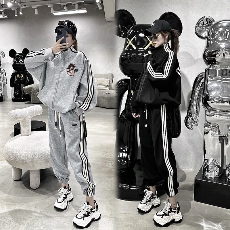 Extra Large Size 150kg Plus-Size European Style Sportswear Set for Women, Spring and Autumn Loose Three-Stripe Sweatshirt and Long Pants Two-Piece Set 2