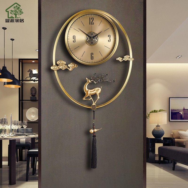 New Chinese living room hanging clock home clock atmosphere light extravagant fashion clock hanging wall clock pure copper mute quartz clock-Taobao