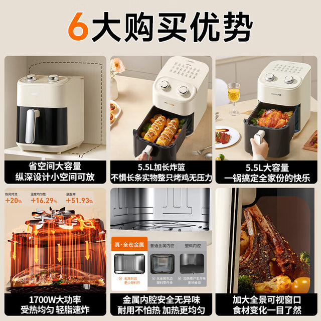 Joyoung Air Fryer with Visible Window, No Need to Turn the Food, Long Strip Pot, Multifunctional 5.5L Large Capacity Steaming and Baking All-In-One Appliance for Home Use