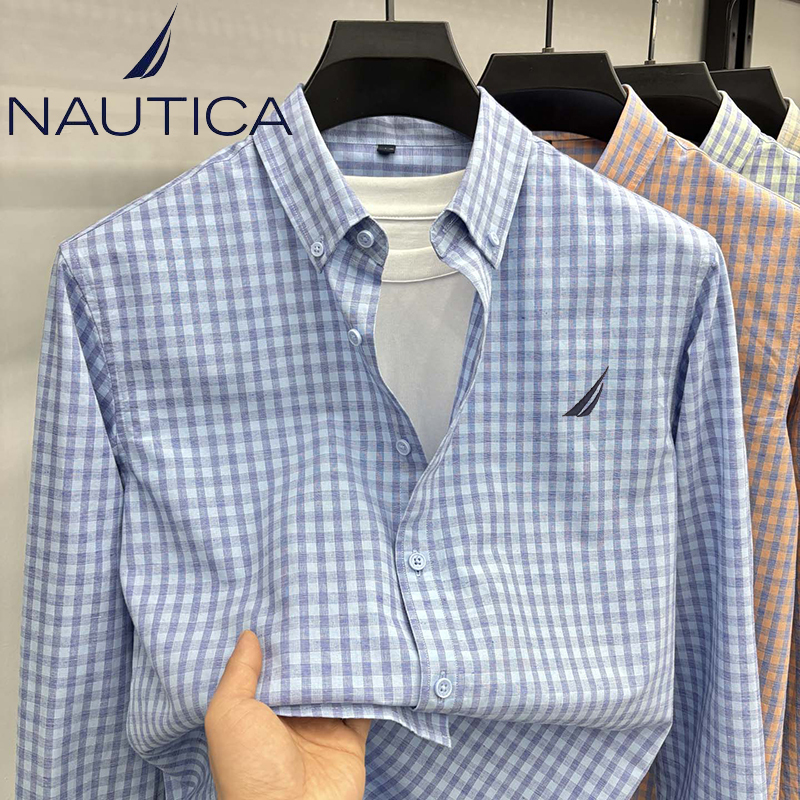 Nautica/Nautica Men's Clothing 2026 Spring and Autumn Season Cotton Blend Soft Casual Non-Iron Long-Sleeved Plaid Shirt