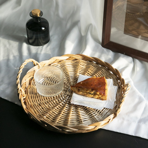 手工柳编藤编水果篮圆形食物烘培面包托盘陈列展示篮子零食筐果盘