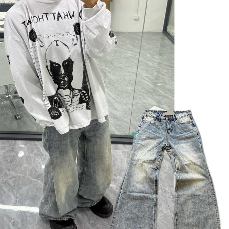 B/L High Version 25Ss Washed Heel Knife Cut Washed Blue Bamboo Cotton Loose Slightly Flared Mid-Low Waist Jeans