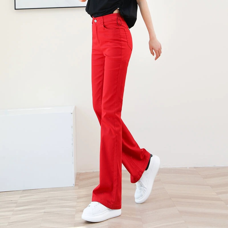 Bright Red Denim Flared Pants for Women, 2026 Spring New Style, High-Waisted, Slim-Fitting, Flattering Pants for Petite Figures