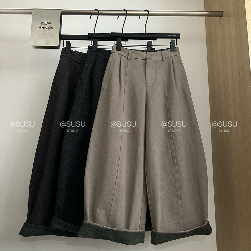 High-End European Goods 2026 Autumn and Winter New Style Elastic High-Waisted Slimming Rolled Hem Casual Pants Women's Straight Wide-Leg Cropped Pants